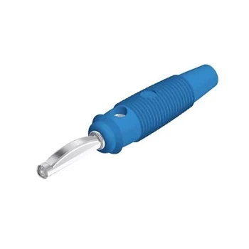 Wtyk izolowany 4mm z otworem 4mm i boczną sprężyną dociskową, przykręcany 16A, niebieski