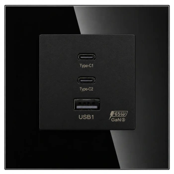Ładowarka USB A + 2xC 65W GaN czarna podtynkowa z ramką szklaną - TAWOIA Glass