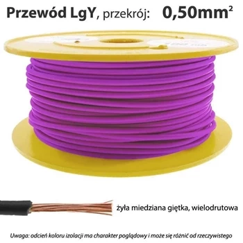 Przewód instalacyjny miedziany jednożyłowy LgY 0,50 mm2, linka giętka, fioletowy
