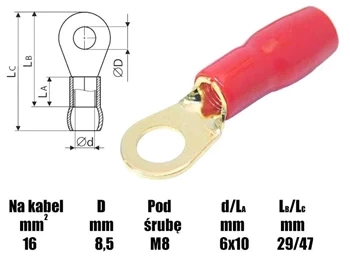 Końcówka oczkowa M8 izolowana, 8.4mm, złocona, na przewód 16mm, SGE