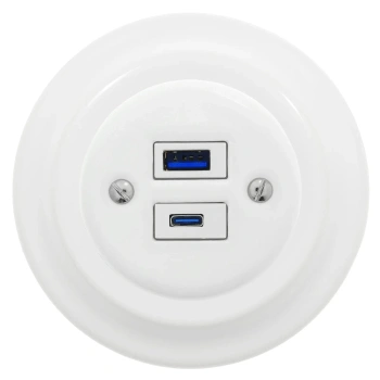 Ładowarka USB A+C 20W okrągła biała ceramiczna podtynkowa z ramką - Ceramic Loft