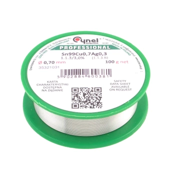 Cyna lutownicza bezołowiowa - spoiwo Sn99Cu0,7Ag0,3 - topnik 1.1.3 - 0,7mm - Cynel 100g