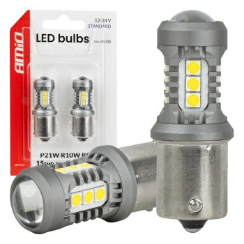 Żarówki LED P21W BA15S bez CANBUS 12/24 V, 15 diod SMD 3030, soczewka, światło białe, 2 szt. - AMiO 05000
