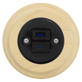 Ładowarka USB A+C 20W okrągła czarna ceramiczna podtynkowa z ramką drewnianą jasną - Ceramic Loft