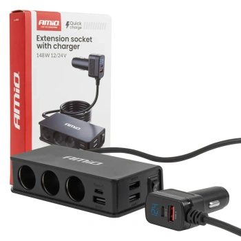 Rozgałęziacz gniazda zapalniczki 12/24V – 3x gniazdo + 3x USB-A + USB-C PD, 148W, ON/OFF AMIO-04836