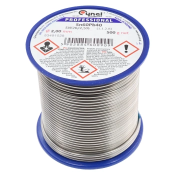 Cyna lutownicza Sn60Pb40 z topnikiem SW26, średnica 2 mm, szpula 500 g, Cynel