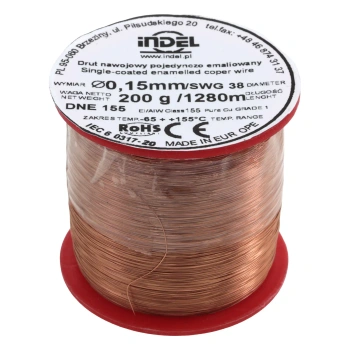 Drut nawojowy emaliowany, 0,15mm, miedź Pure Cu Grade 1, klasa cieplna 155°C, szpulka 200g, ok. 1280m, Indel