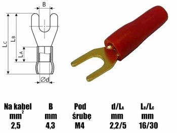 Końcówka widełkowa M4 izolowana, 4.3mm, złocona, na przewód 2.5mm, SGE