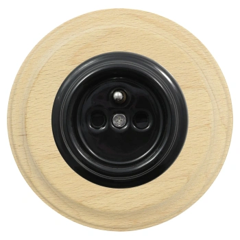 Gniazdo elektryczne okrągłe czarne z ramką jasne drewno, montaż podtynkowy, Ceramic Loft