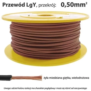Przewód instalacyjny miedziany jednożyłowy LgY 0,50 mm2, linka giętka, brązowy