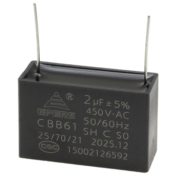 Kondensator rozruchowy do silnika 2µF 450VAC, CBB61, do druku, 39 × 16 × 25 mm, EPERS