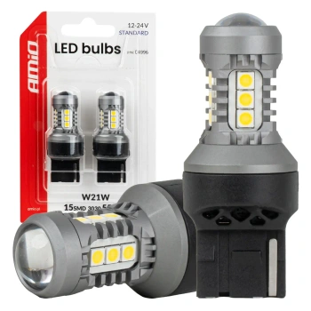 Żarówki LED W21W 7440 bez CANBUS 12/24 V, 15 diod SMD 3030, soczewka, światło białe, 2 szt. - AMiO 04996