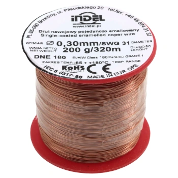 Drut nawojowy emaliowany 0,30 mm, DNE 180, miedź, szpulka 200 g, ok. 320 m