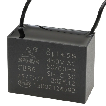Kondensator rozruchowy EPERS CBB61 8uF 450VAC do silnika, przewody 20cm, 47x23x35mm
