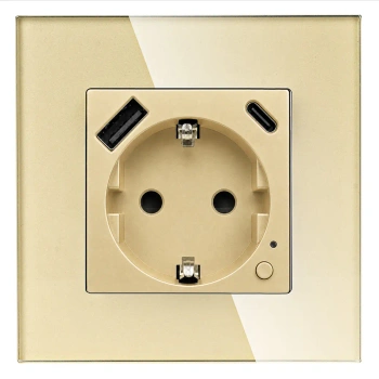 Gniazdo elektryczne Schuko z USB A+C 20W z pomiarem energii (watomierz) WiFi i Bluetooth złote podtynkowe z ramką szklaną - TAWOIA Smart Home