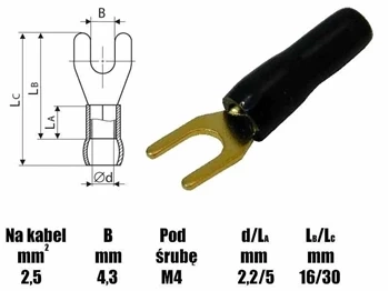 Końcówka widełkowa M4 izolowana, 4.3mm, złocona, na przewód 2.5mm, SGE czarny