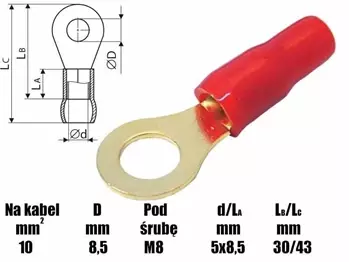 Końcówka oczkowa M8 izolowana, 8.4mm, złocona, na przewód 10mm, SGE