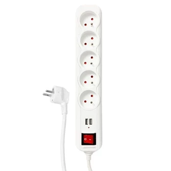 Listwa zasilająca 5 gniazd + 2x USB, włącznik, 1.5m, 10A, 2300W, 3G1, filtr przeciwprzepięciowy, biała