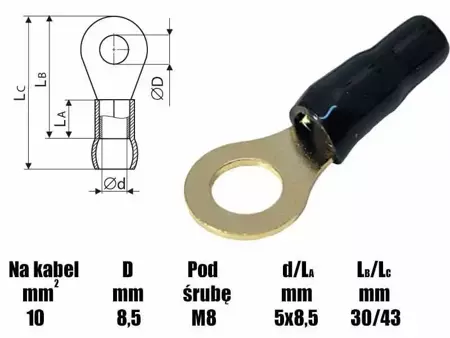 Końcówka oczkowa M8 izolowana, 8.4mm, złocona, na przewód 10mm, SGE czarny