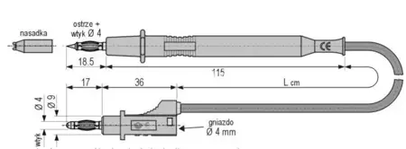 Przewód PVC 1mm2 z sondą probierczą i wtykiem prostym bezpiecznym 4mm z dodatkowym gniazdem 4mm 20A, 1m czerwony