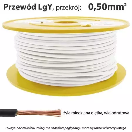 Przewód instalacyjny miedziany wielożyłowy LgY 0.50mm, linka, biały, 1mb