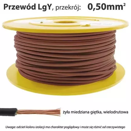 Przewód instalacyjny miedziany wielożyłowy LgY 0.50mm, linka, brązowy, 1mb