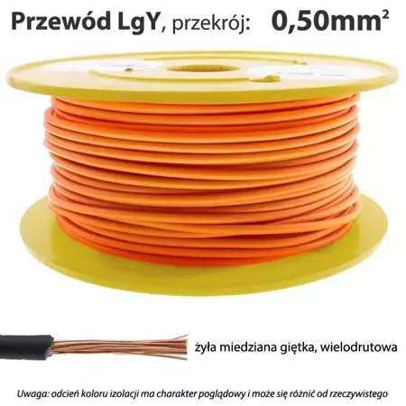 Przewód instalacyjny miedziany wielożyłowy LgY 0.50mm, linka, pomarańczowy, 1mb