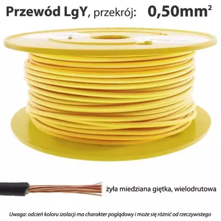 Przewód instalacyjny miedziany wielożyłowy LgY 0.50mm, linka, żółty, 1mb