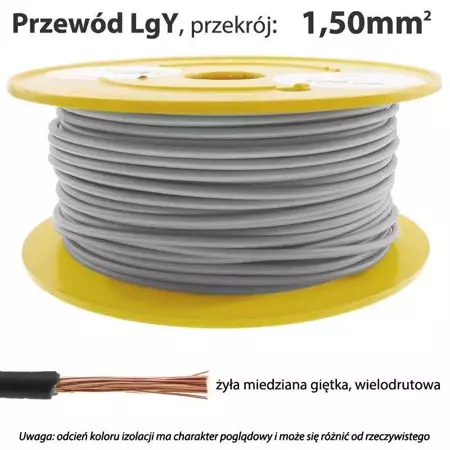 Przewód instalacyjny miedziany wielożyłowy LgY 1.50mm, linka, szary, 1mb