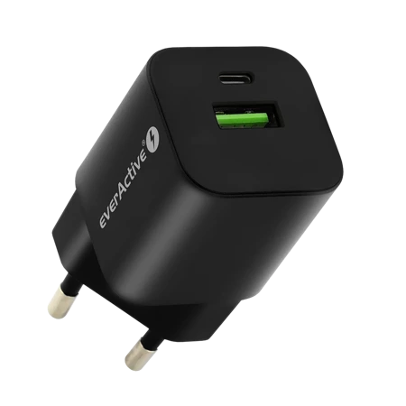 Zasilacz USB, ładowarka sieciowa USB QC3.0 + USB-C PD PPS 30W, everActive GaN SC-390QB