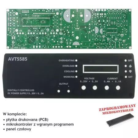 Zasilacz laboratoryjny 0-30V 5A ze sterowaniem mikroprocesorowym, PCB i mikroprocesor do projektu AVT5585